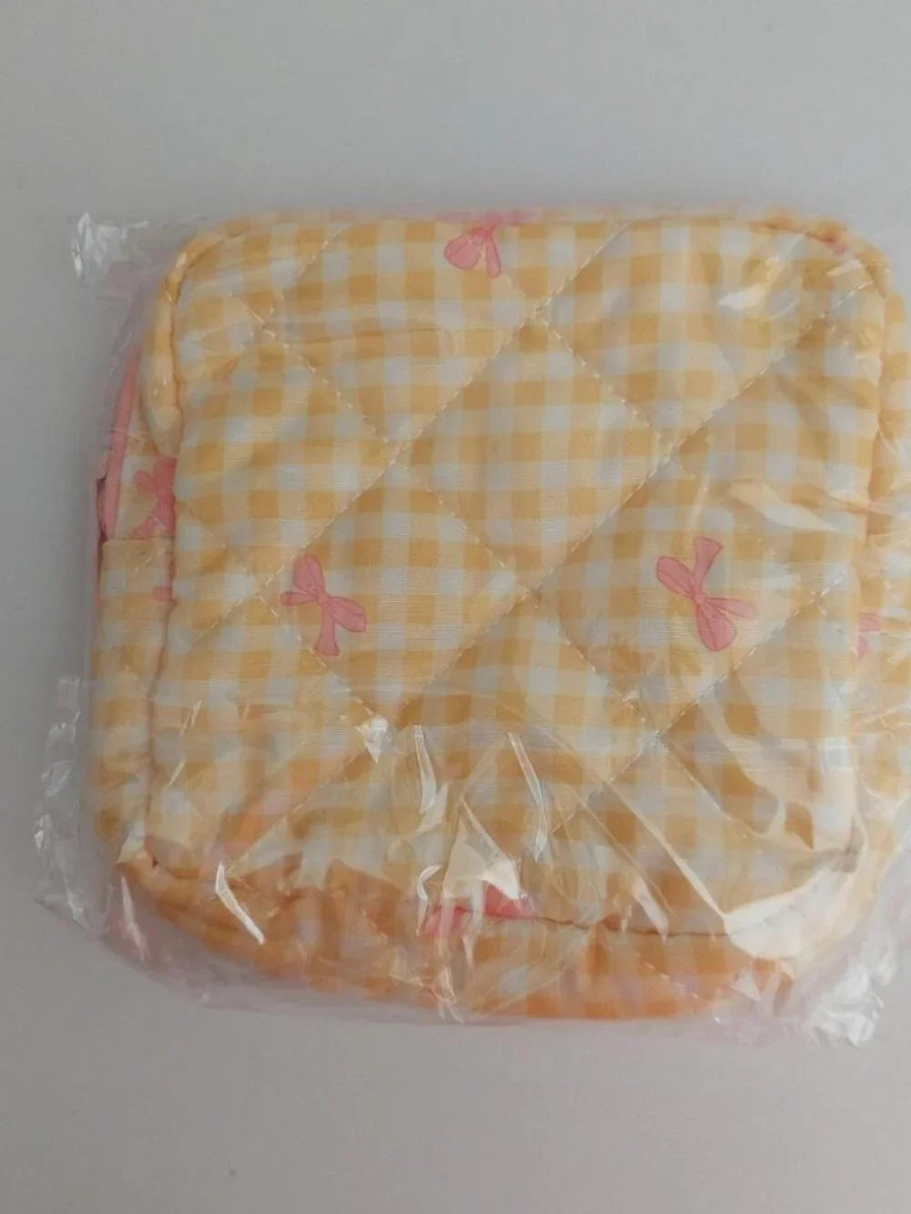 yellow gingham make up pouch small square bag